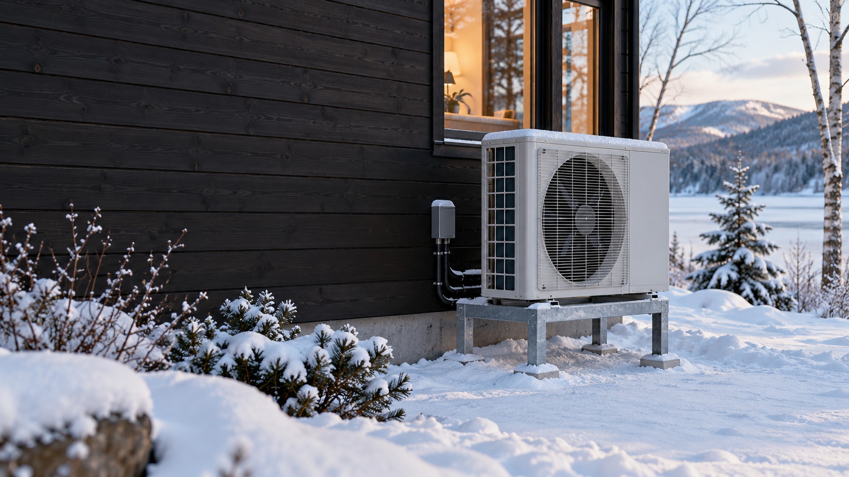 Une thermopompe extérieure pendant l’hiver québécois.
